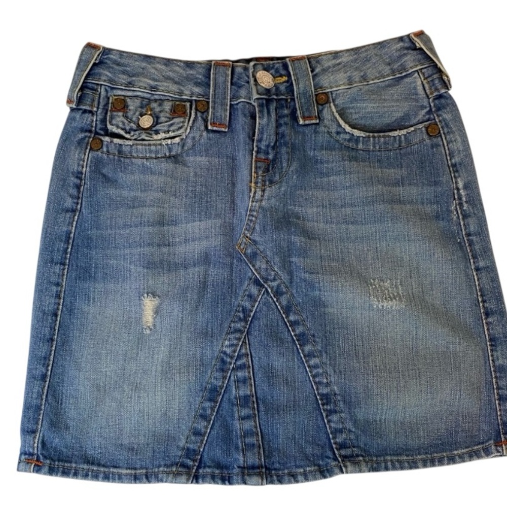 True Religion Denim Joey Y2K Skirt Mini Skirt. Size 24 Distressed Light Wash